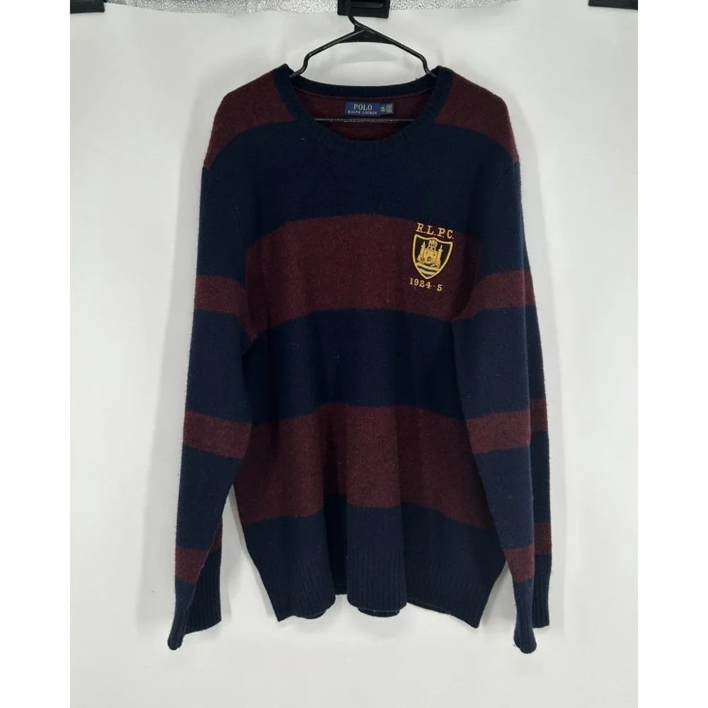 Polo Ralph Lauren Sweater Navy Burgundy Maroon Striped Rugby Wool Crewneck‎ 2XL